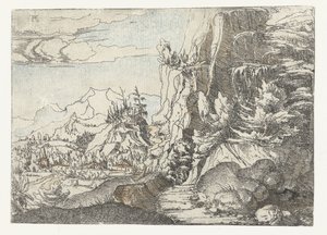暗い岩肌のある風景 作： Albrecht Altdorfer