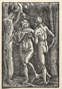 人間の堕落と贖い：禁断の果実を食べるアダムとイブc。 1515。 作： Albrecht Altdorfer
