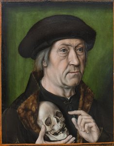 Autoportrait avec un crane - 髑髏のある自画像、Bouts、Aelbrecht (Albert) (1451/54-1549) 作。 木に油彩、c。 1520. 寸法: 42,6x33 cm. Muzeul National Brukenthal, シビウ 作： Albrecht Bouts