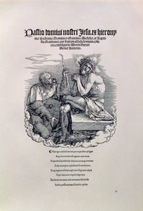 キリストをあざけるローマの兵士。アーティストの名前はラテン語で上、下は彼の罪を暴く詩人で、シリーズ「The Great Passion」のタイトルページ、パブ。 1511 作： Albrecht Dürer