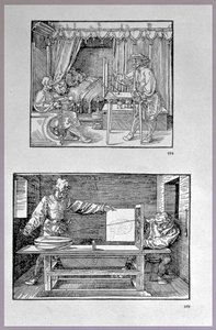 3次元のオブジェクトを2次元の図面に変換するための装置、アーティストによる2つのシーン最初のテクニカルブックコンパスとルーラーを使用した測定の芸術の紹介、writt