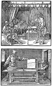3次元オブジェクトを2次元図面に変換する装置、1525、1936 作： Albrecht Dürer
