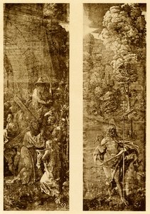 勝利の旗を掲げた十字架とキリストのベアリング 作： Albrecht Dürer