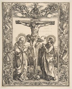 処女と聖ヨハネの間の十字架上のキリスト、1516年。 作： Albrecht Dürer