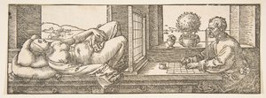 製図技師がリクライニング女性の遠近描画を作成、ca。 1600。 作： Albrecht Dürer