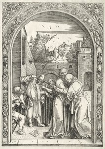 聖母の生涯：黄金の門の下で抱き合うヨアヒムとアンナ 作： Albrecht Dürer