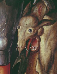 パウムガルトナーの祭壇画：聖ジョージによって倒されたドラゴンの頭を描いた左手翼の詳細、495745のパネルの詳細に1500テンペラ