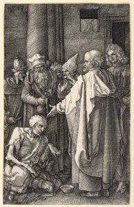 ペテロとヨハネが神殿で足の不自由な物乞いを癒やす（銅版画の受難伝） 作： アルブレヒト・デューラー