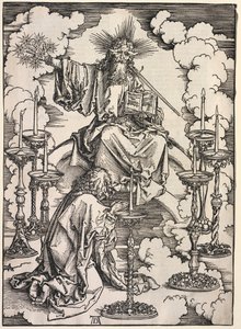 聖ヨハネの啓示：聖ヨハネは七つの燭台を見た、1511。 作： Albrecht Dürer