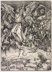 聖ヨハネの黙示録：ドラゴンと戦う聖ミカエル、1511年。 作： Albrecht Dürer
