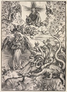 聖ヨハネの啓示：太陽を浴びた女、1511年。 作： Albrecht Dürer