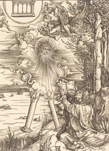 本をむさぼり食う聖ヨハネ、1498年。 作： Albrecht Dürer
