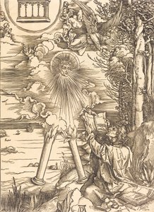 本をむさぼり食う聖ヨハネ、おそらくc. 14961498。 作： Albrecht Dürer