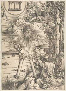 本を飲み込む聖ヨハネ、黙示録、ラテン語版、1511年、1511年より。 作： Albrecht Dürer