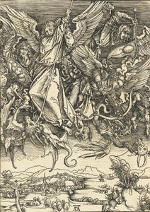 ドラゴンと戦う聖ミカエル、おそらくc。 14961498 1511年公開。 作： Albrecht Dürer