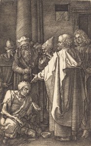神殿の門で足の不自由な人を癒す聖ペテロと聖ヨハネ、1513年。 作： Albrecht Dürer