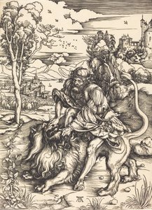 ライオンと戦うサムソン、c。 14971498。 作： Albrecht Dürer