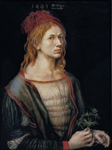 自画像 別タイトル  
フランス語：  シャルドンを持つ画家の肖像 アザミを持つ画家の肖像 作： アルブレヒト・デューラー