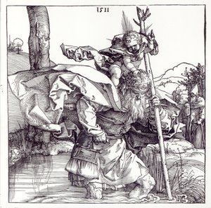 幼児キリストを運ぶ聖クリストファー、1511年（木版画）（bw写真） 作： Albrecht Dürer