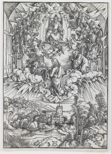 シリーズ「黙示録」からの神と長老たちの前の聖ヨハネ 作： Albrecht Dürer