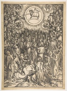黙示録、ラテン語版、1511、1511からの羊の礼拝。 作： Albrecht Dürer