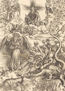 黙示録的な女、1498年。 作： Albrecht Dürer