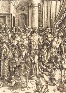 鞭打ち、c。 1497年。 作： Albrecht Dürer