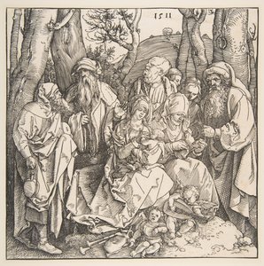 聖人と2人のミュージカル天使のいる聖家族、1511年。 作： Albrecht Dürer