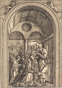 アーチ型天井のホールにいる 2 人の天使のいる聖家族 作： Albrecht Dürer