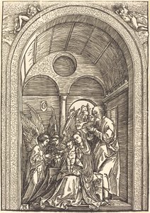 アーチ型天井のホールにいる 2 人の天使のいる聖家族 作： Albrecht Dürer