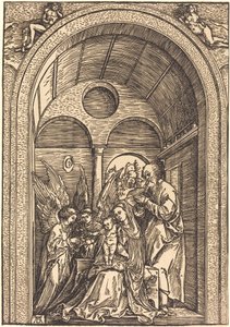 アーチ型天井のホールにいる 2 人の天使のいる聖家族 作： Albrecht Dürer