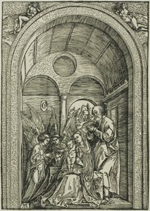 吹き抜けの広間にいる二人の天使と聖家族 作： Albrecht Dürer