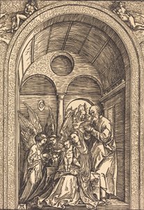 アーチ型のホールにいる 2 人の天使のいる聖家族、c. 1504年。 作： Albrecht Dürer