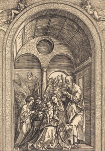 アーチ型のホールにいる 2 人の天使のいる聖家族、c. 1504年。 作： Albrecht Dürer