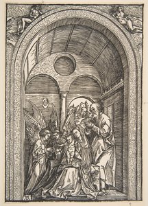 アーチ型のホールに2人の天使がいる聖家族1503。 作： Albrecht Dürer
