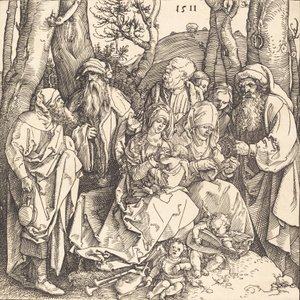 2 人の音楽を奏でる天使のいる聖家族、1511 年。 作： Albrecht Dürer