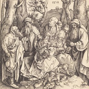 2 人の音楽を奏でる天使のいる聖家族、1511 年。 作： Albrecht Dürer