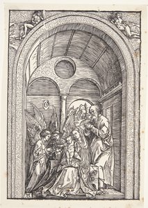 アーチ型のホールに 2 人の天使がいる聖家族 作： Albrecht Dürer
