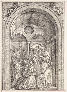 アーチ型のホールに 2 人の天使がいる聖家族 作： Albrecht Dürer