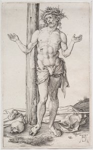 手を上げて、立っている悲しみの男c。 1500。 作： Albrecht Dürer