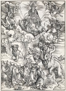 聖ヨハネの黙示録、1496-98からの7つの頭の獣と羊の角を持つ獣 作： Albrecht Dürer