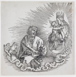 聖ヨハネに現れる聖母、「黙示録」の1511年版より 作： Albrecht Dürer