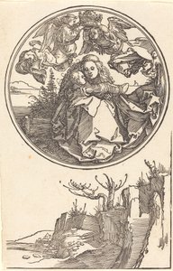 1515 年またはそれ以前の風景の上にある 2 人の天使によって戴冠された聖母。 作： Albrecht Dürer