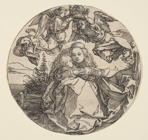 切り取られた風景の風景の上に2人の天使が戴冠した聖母子。 1504。 作： Albrecht Dürer
