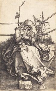 芝生のベンチの聖母子、1503年。 作： Albrecht Dürer