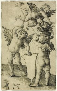 盾と兜を付けた 3 つの Putti 作： Albrecht Dürer