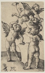 トランペットと3つのプッティ、ca。 1500。 作： Albrecht Dürer