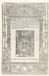 キケロの演説のタイトル ページ、1520 年にジョドクス バディウスの印刷者の印が付いています。 作： Albrecht Dürer
