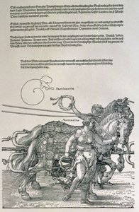 ドイツのマクシミリアン1世の勝利の戦車（1459-1519）：2つの美徳、プロビデンスと節度、パブによって導かれる馬チームの詳細。 1518年頃（木版画） 作： Albrecht Dürer