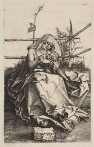 芝生のベンチの聖母子、1503年。 作： Albrecht Dürer
